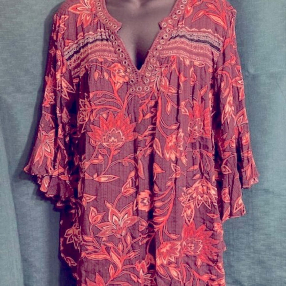 DEMOCRACY Bohemian Women's Blouse 3/4 Sleeves Neck Metal Buttons 100% Rayon LRG